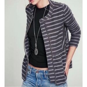 Free People Gray Striped Peplum Zip Jacket